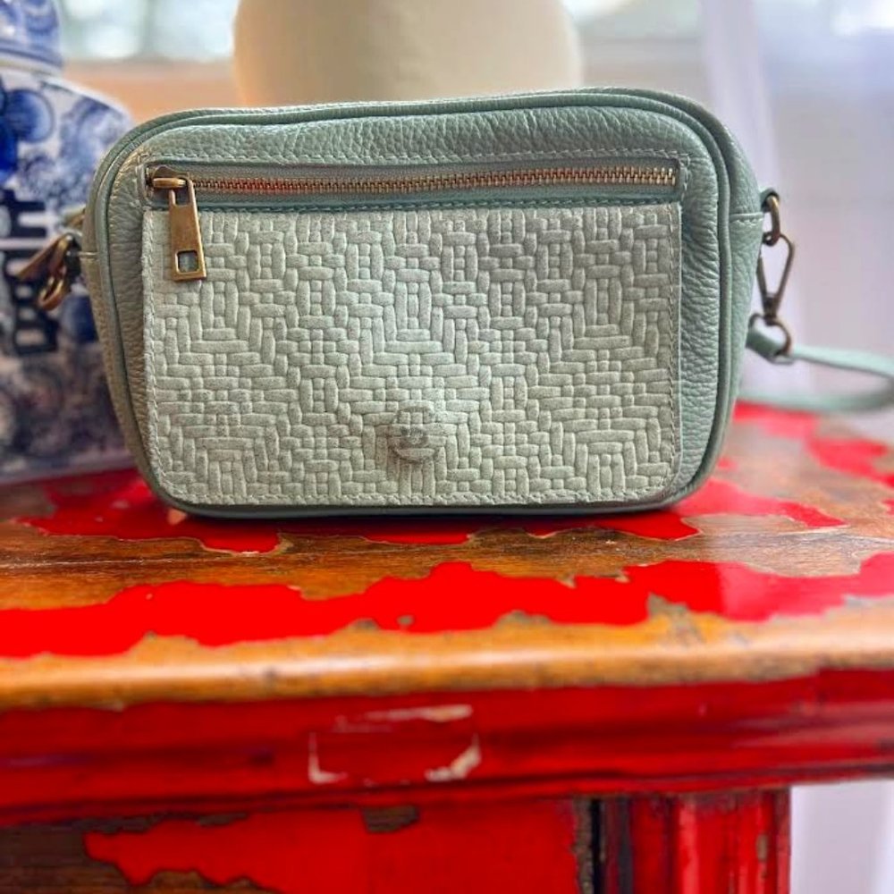 Valentina Fiore Sage Green Pebbled Leather with Basket Weave Flap